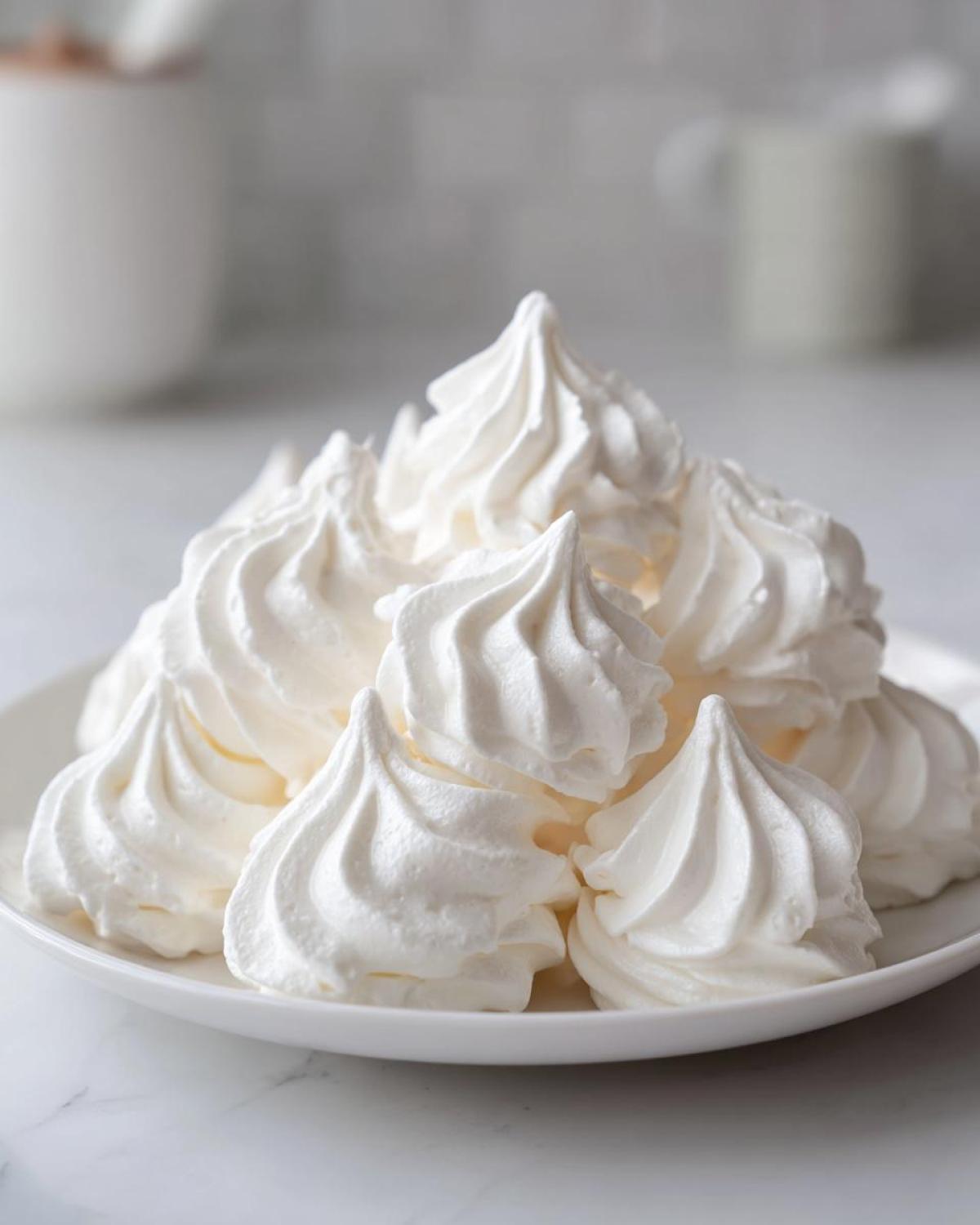 A close-up of several perfectly piped, white meringue cookies stacked on a white plate.