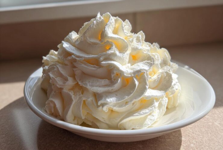 A generous mound of perfectly piped vanilla buttercream frosting in a small white bowl, highlighted by sunlight.