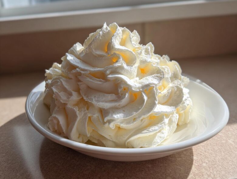 A generous mound of perfectly piped vanilla buttercream frosting in a small white bowl, highlighted by sunlight.