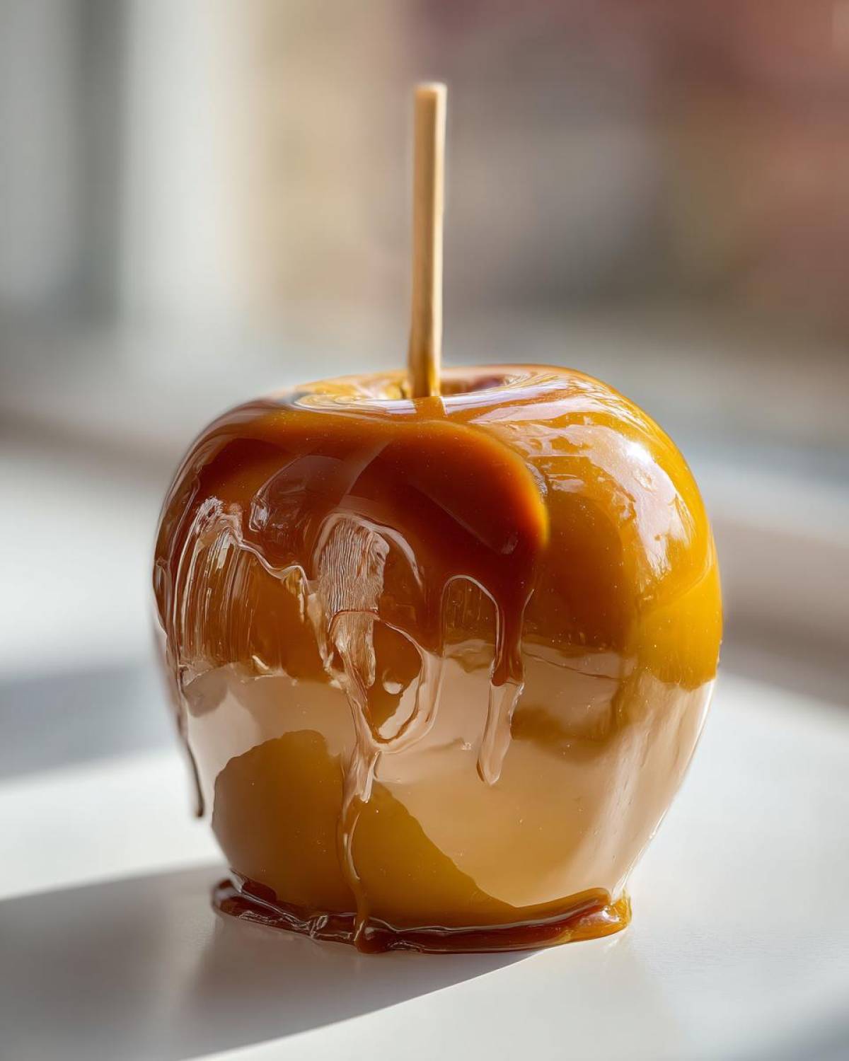 A close-up of a shiny, freshly made caramel apple on a wooden stick, dripping with glossy caramel.