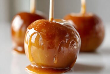 Close-up of a perfectly coated caramel apple with drips of thick caramel sauce, ready to eat.