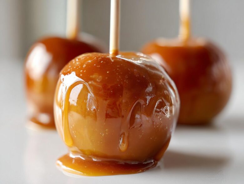 Close-up of a perfectly coated caramel apple with drips of thick caramel sauce, ready to eat.