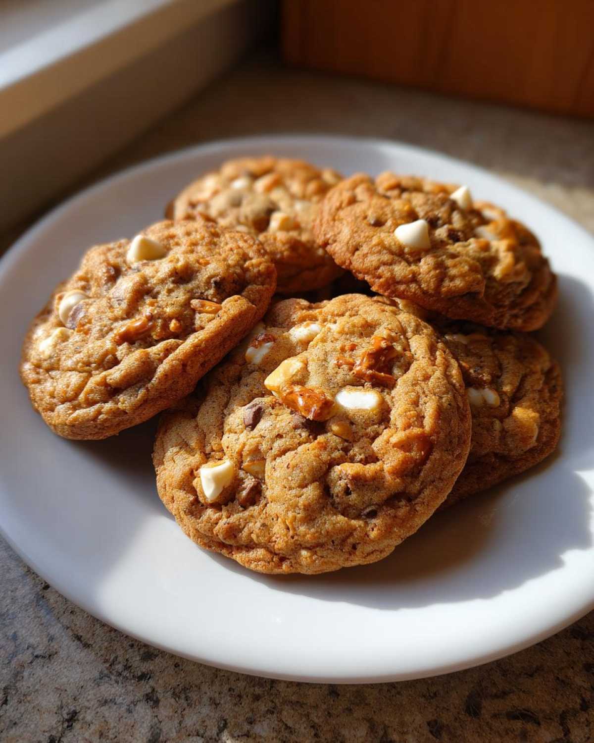 A stack of five golden brown kitchen sink cookies loaded with white chocolate chips and nuts, resting on a white plate.
