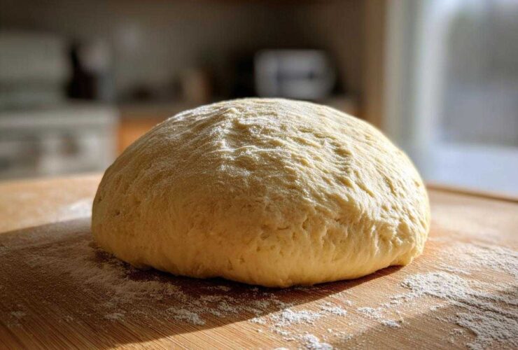 A perfectly rounded ball of fresh pizza dough resting on a floured wooden cutting board.
