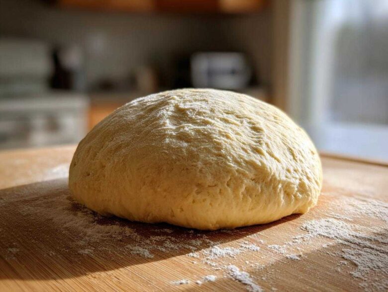 A perfectly rounded ball of fresh pizza dough resting on a floured wooden cutting board.