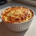 Close-up of a freshly baked popper dip with a golden-brown, bubbly cheese topping in a white ceramic ramekin.