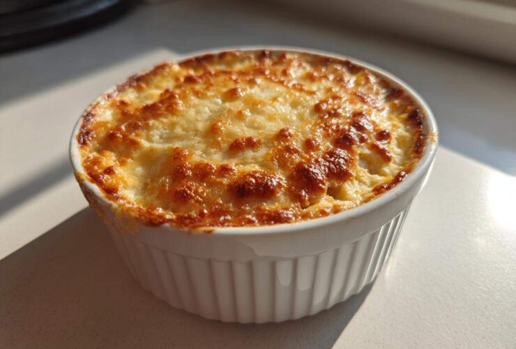 Close-up of a freshly baked popper dip with a golden-brown, bubbly cheese topping in a white ceramic ramekin.