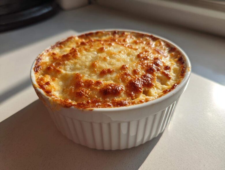 Close-up of a freshly baked popper dip with a golden-brown, bubbly cheese topping in a white ceramic ramekin.