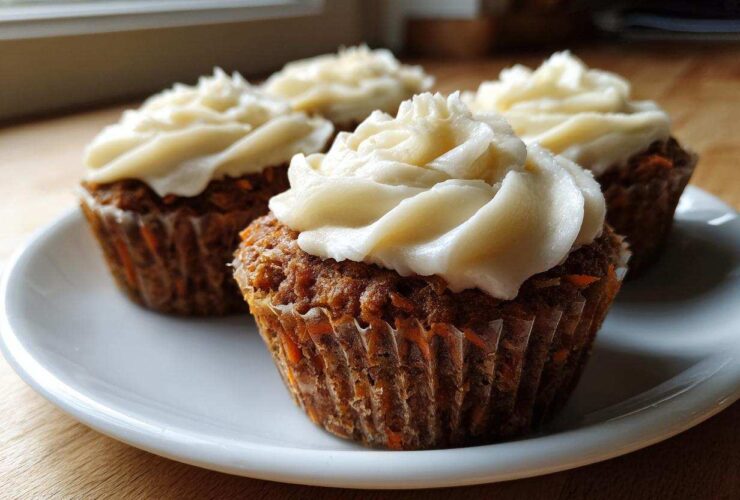Four delicious carrot cake muffins topped with thick cream cheese frosting, sitting on a white plate.