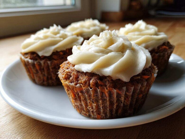 Four delicious carrot cake muffins topped with thick cream cheese frosting, sitting on a white plate.