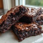 Close-up of four fudgy brownie cookies stacked on a light speckled plate, showing shiny, crackled tops.