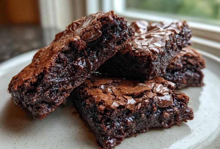 Close-up of four fudgy brownie cookies stacked on a light speckled plate, showing shiny, crackled tops.