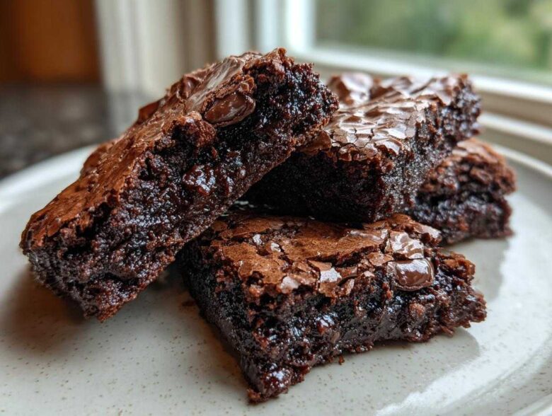 Close-up of four fudgy brownie cookies stacked on a light speckled plate, showing shiny, crackled tops.
