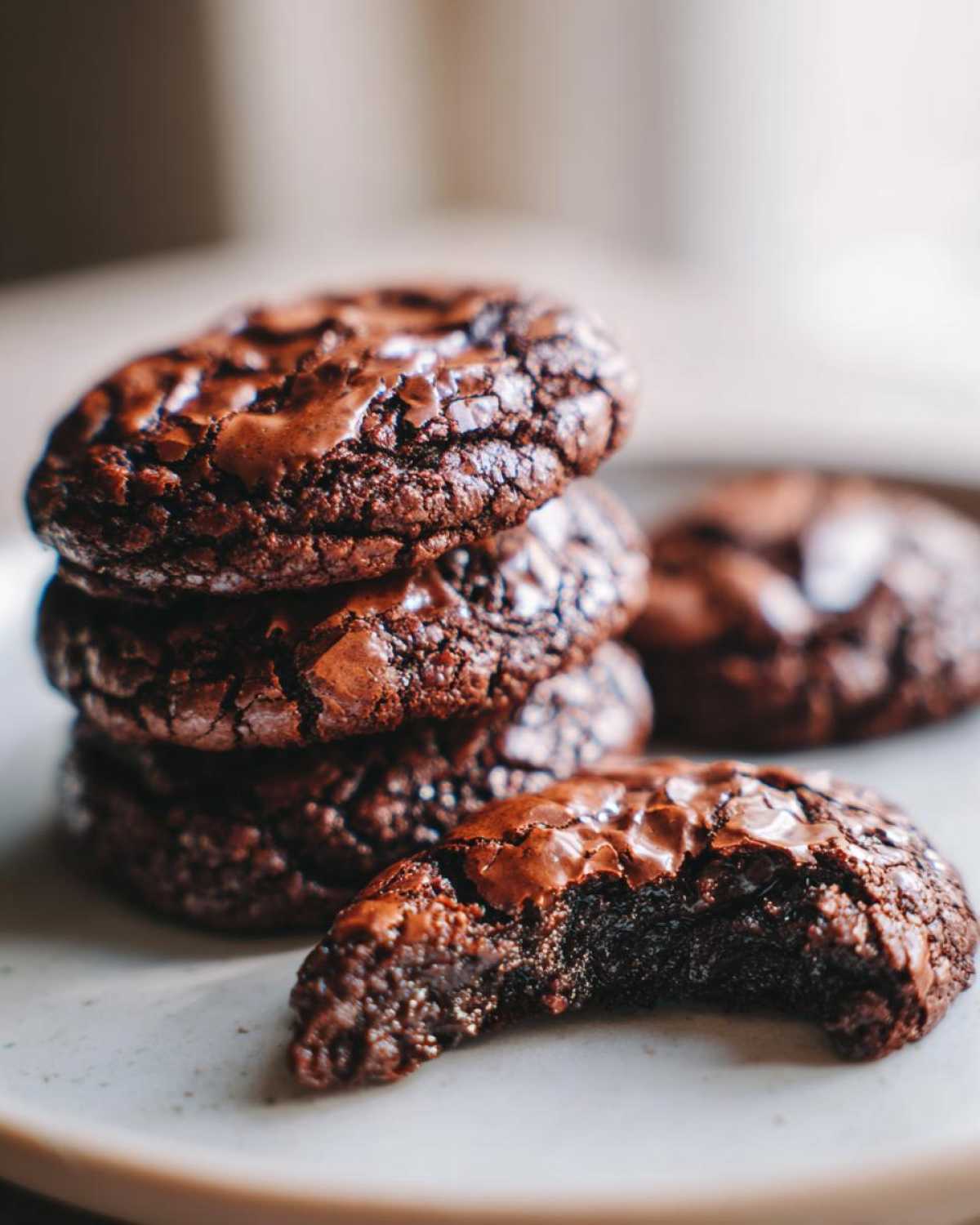 Close-up of a stack of fudgy brownie cookies, with one cookie in the foreground having a bite taken out, showing the rich interior.