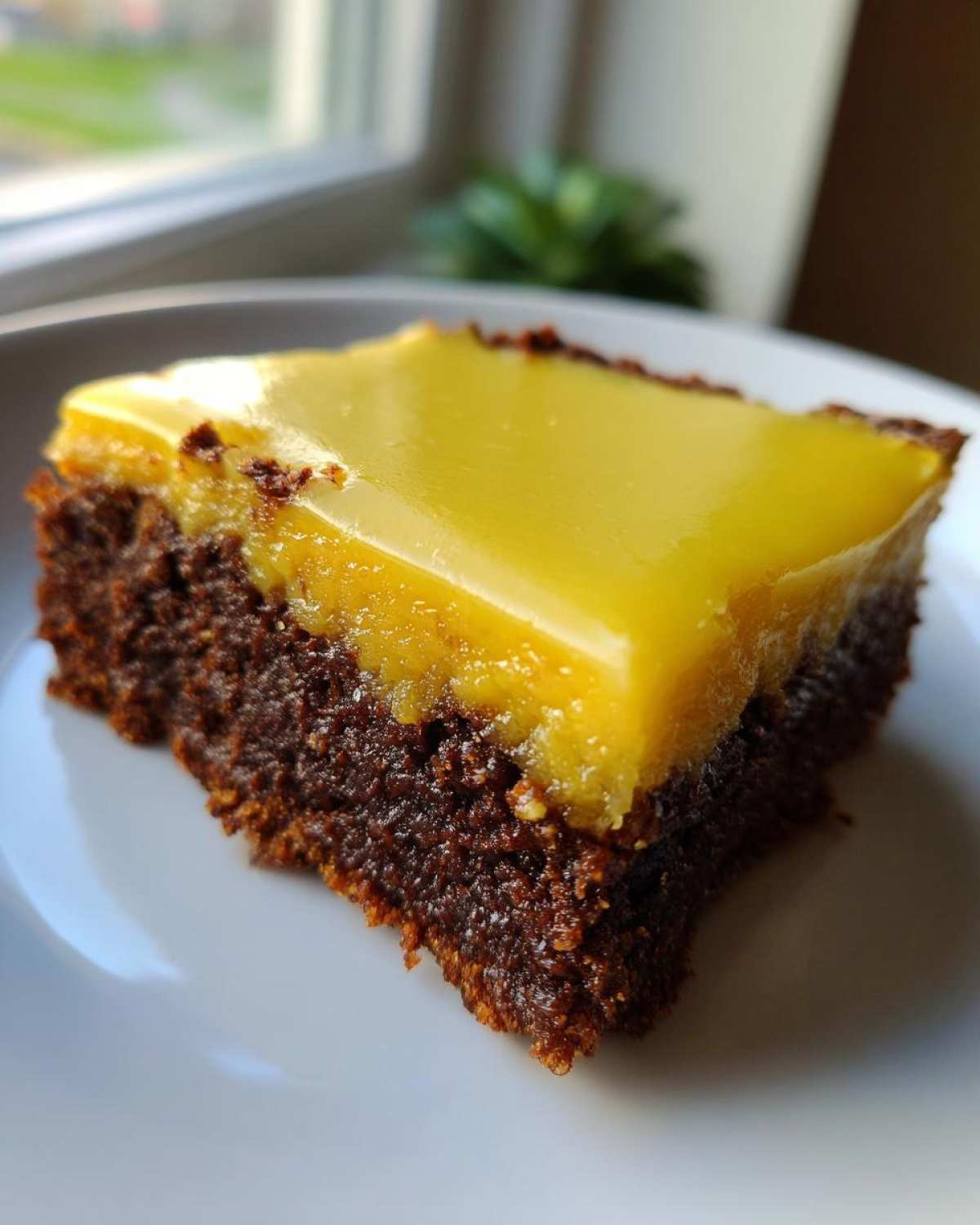 Close-up of a fudgy brownie square topped with a thick, bright yellow lemon layer, one of the Lemon Brownies.