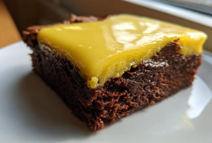 Close-up of a fudgy Lemon Brownies square topped with a thick, glossy layer of bright yellow lemon frosting.