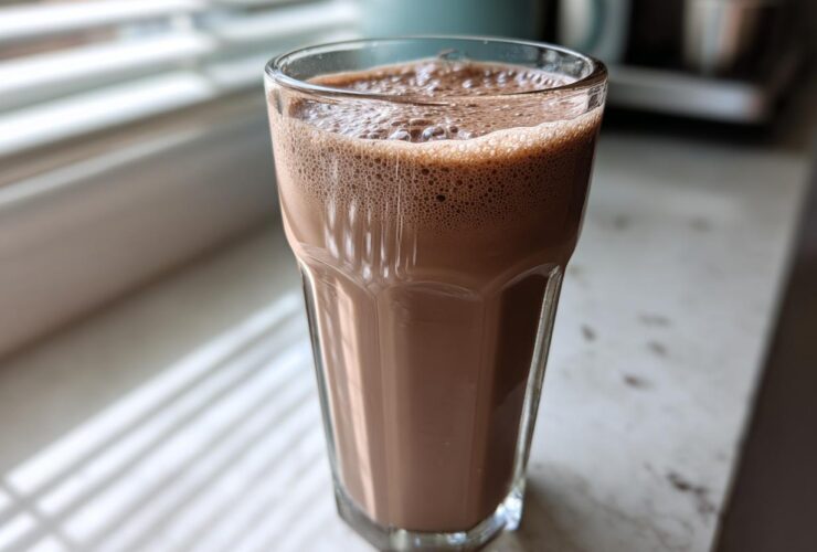 A tall glass filled with frothy, blended frozen hot chocolate sitting on a white counter near a window.