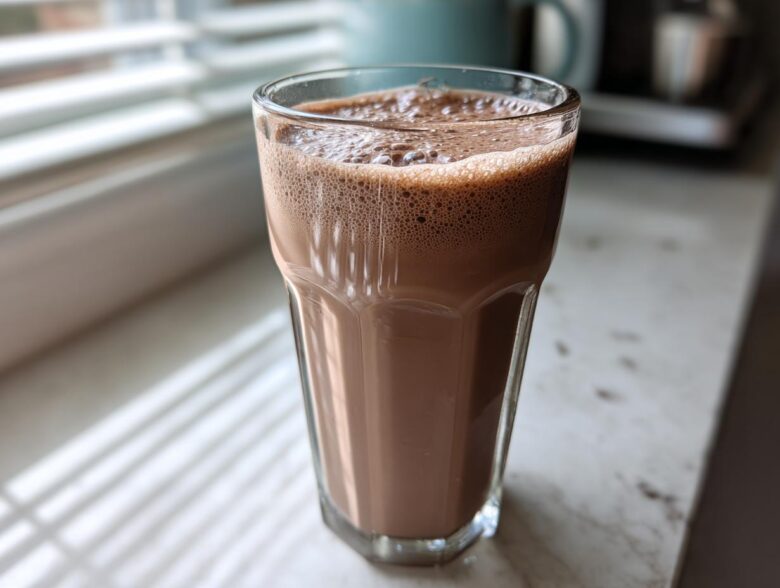 A tall glass filled with frothy, blended frozen hot chocolate sitting on a white counter near a window.