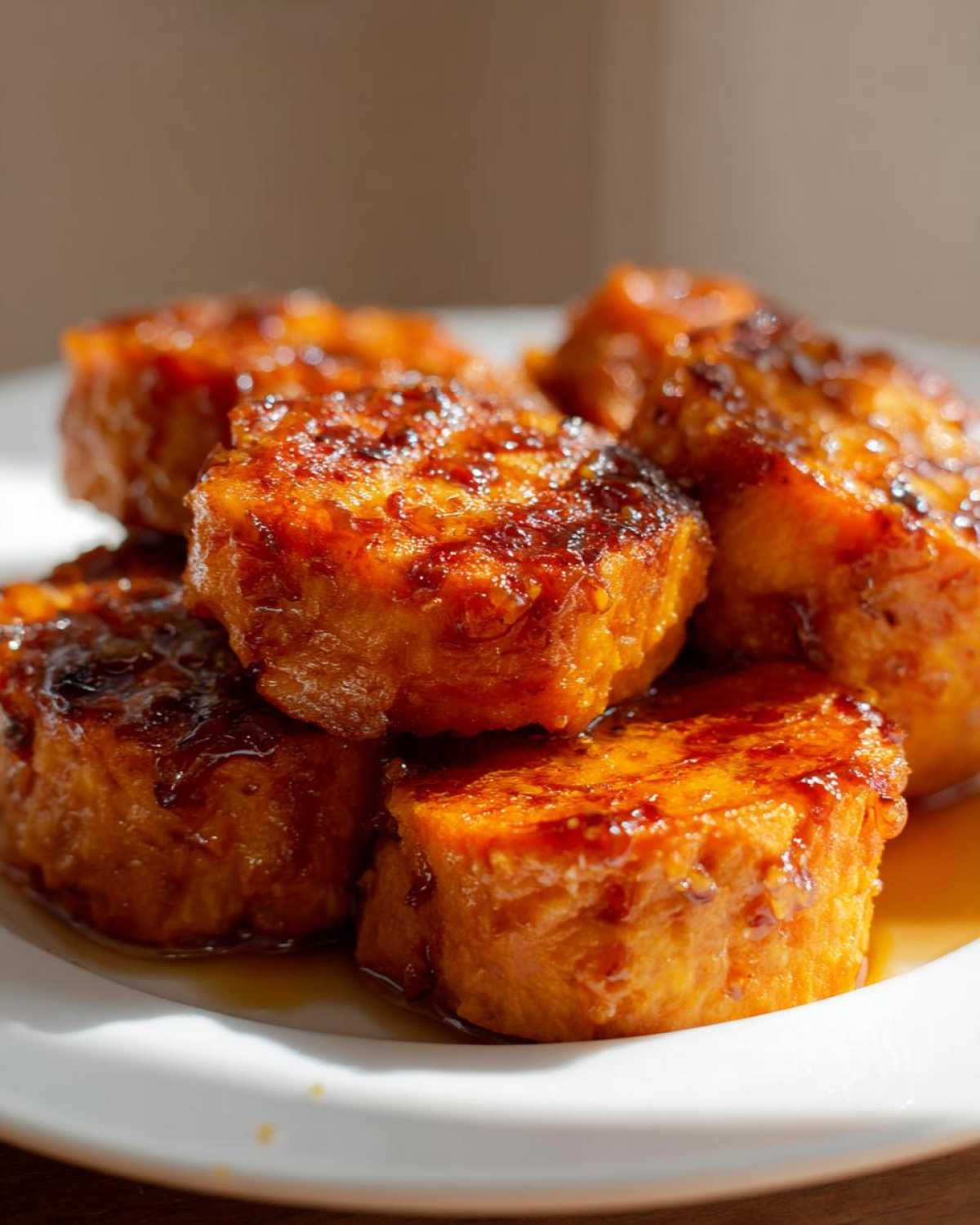 A close-up shot of several thick, round slices of bright orange candied yams coated in a shiny, dark brown glaze.