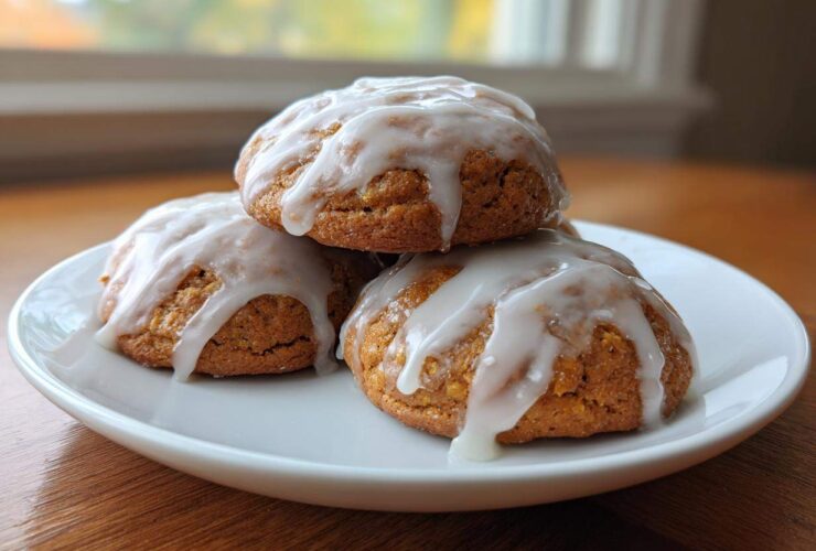 A stack of three soft, spiced persimmon cookies topped with a thick white glaze, resting on a white plate.