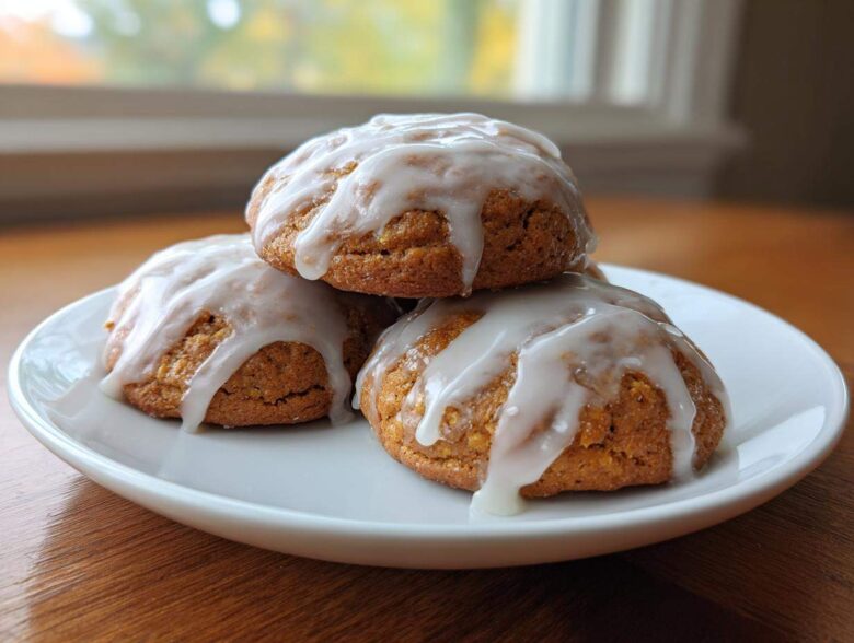 A stack of three soft, spiced persimmon cookies topped with a thick white glaze, resting on a white plate.