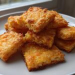 A stack of golden, baked 4-ingredient cheese crackers with crispy edges served on a white plate.