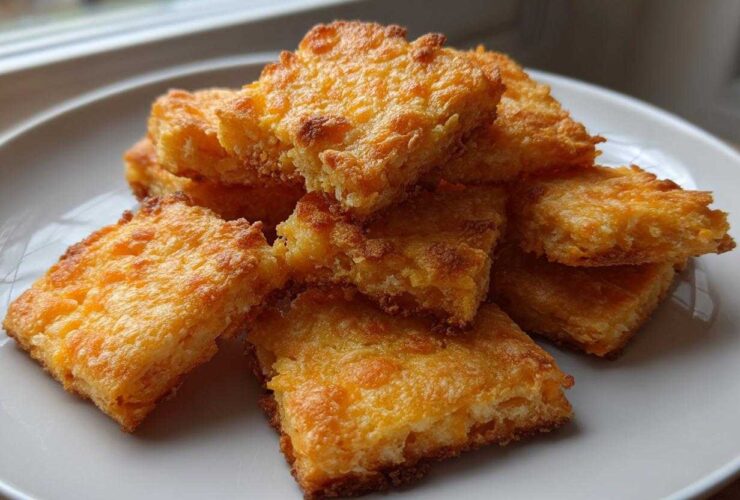 A stack of golden, baked 4-ingredient cheese crackers with crispy edges served on a white plate.