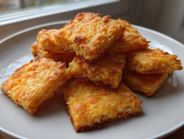 A stack of golden, baked 4-ingredient cheese crackers with crispy edges served on a white plate.