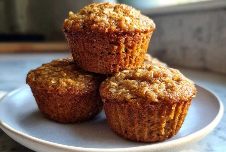 Three golden brown banana oatmeal muffins stacked on a light gray plate, showing visible oats on top.