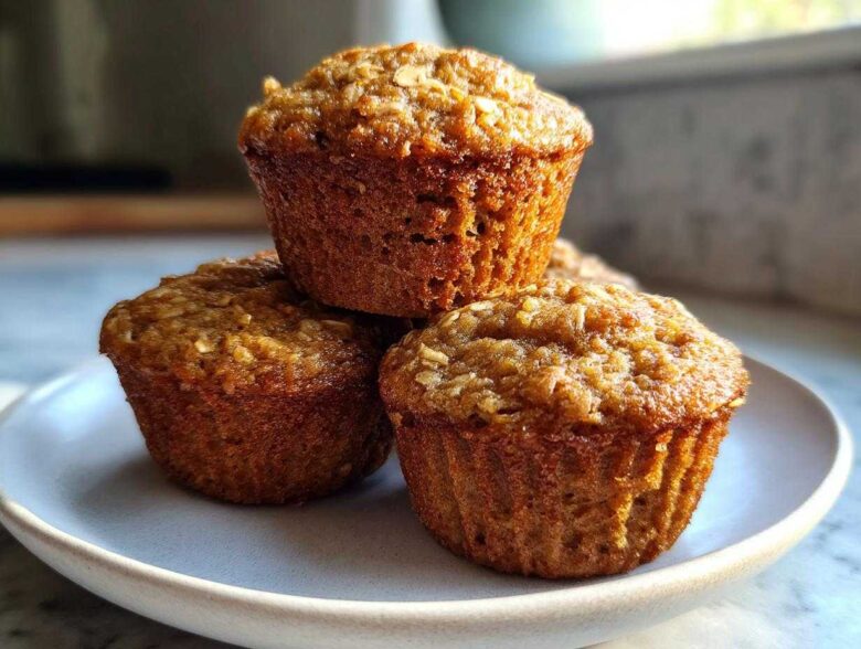 Three golden brown banana oatmeal muffins stacked on a light gray plate, showing visible oats on top.