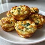 A stack of freshly baked, golden brown egg bites mixed with visible spinach and cheese on a white plate.