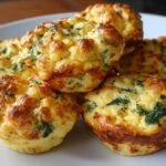 A stack of five golden brown, fluffy homemade egg bites mixed with visible green spinach pieces.