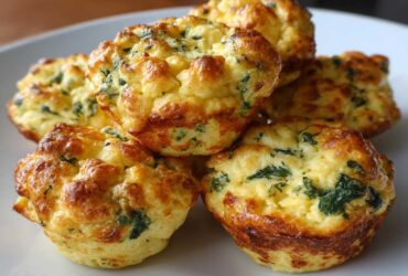 A stack of five golden brown, fluffy homemade egg bites mixed with visible green spinach pieces.