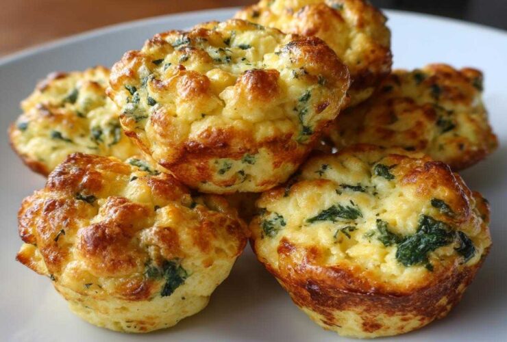 A stack of five golden brown, fluffy homemade egg bites mixed with visible green spinach pieces.