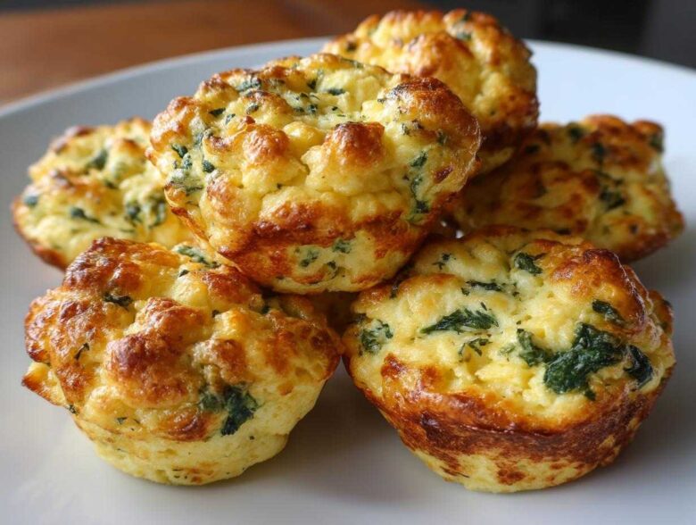 A stack of five golden brown, fluffy homemade egg bites mixed with visible green spinach pieces.