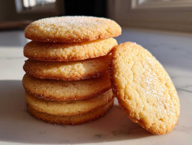 A stack of five golden brown sugar cookie rounds, topped with sparkling sugar, with one leaning against the pile.