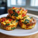 Three golden brown vegetable egg muffin cups stacked on a white plate, featuring visible spinach and red peppers.