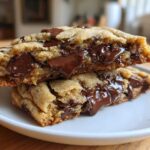Close-up of two halves of a sourdough chocolate chip cookie stacked, showing gooey, melted chocolate chips inside.