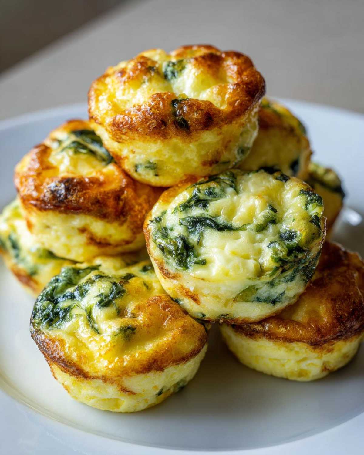 A stack of golden-brown, fluffy spinach egg bites served on a white plate.
