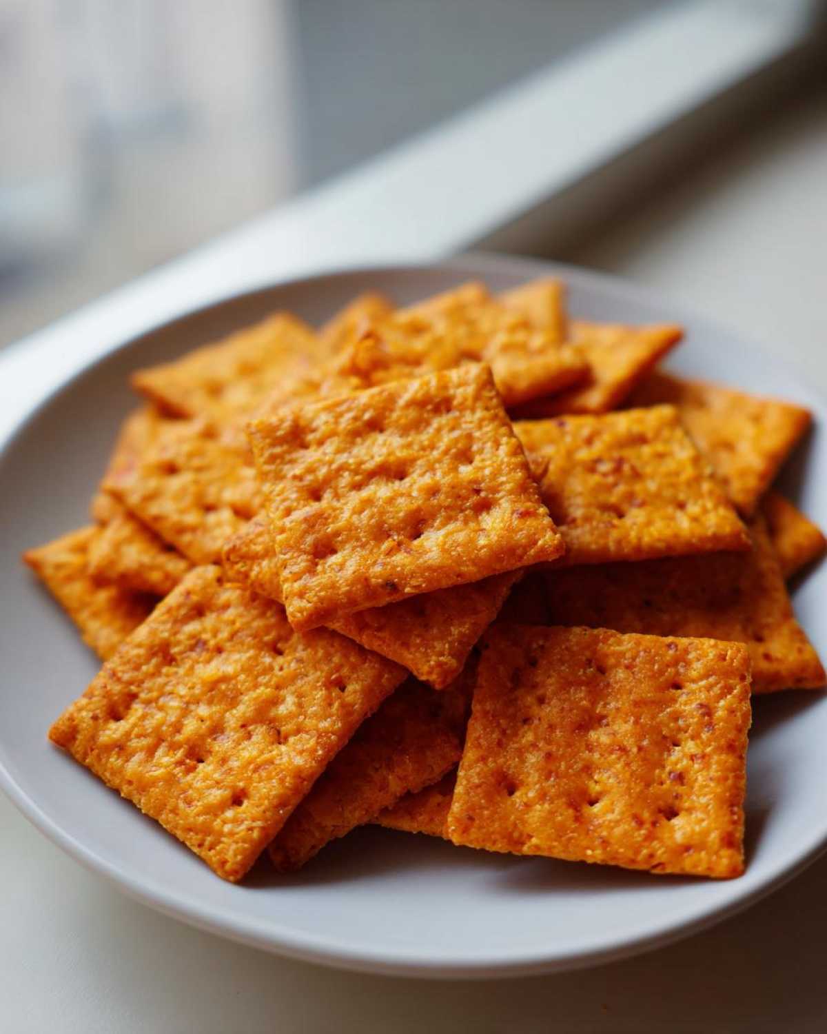 A close-up of a stack of square, orange homemade cheese crackers resting on a light gray plate.