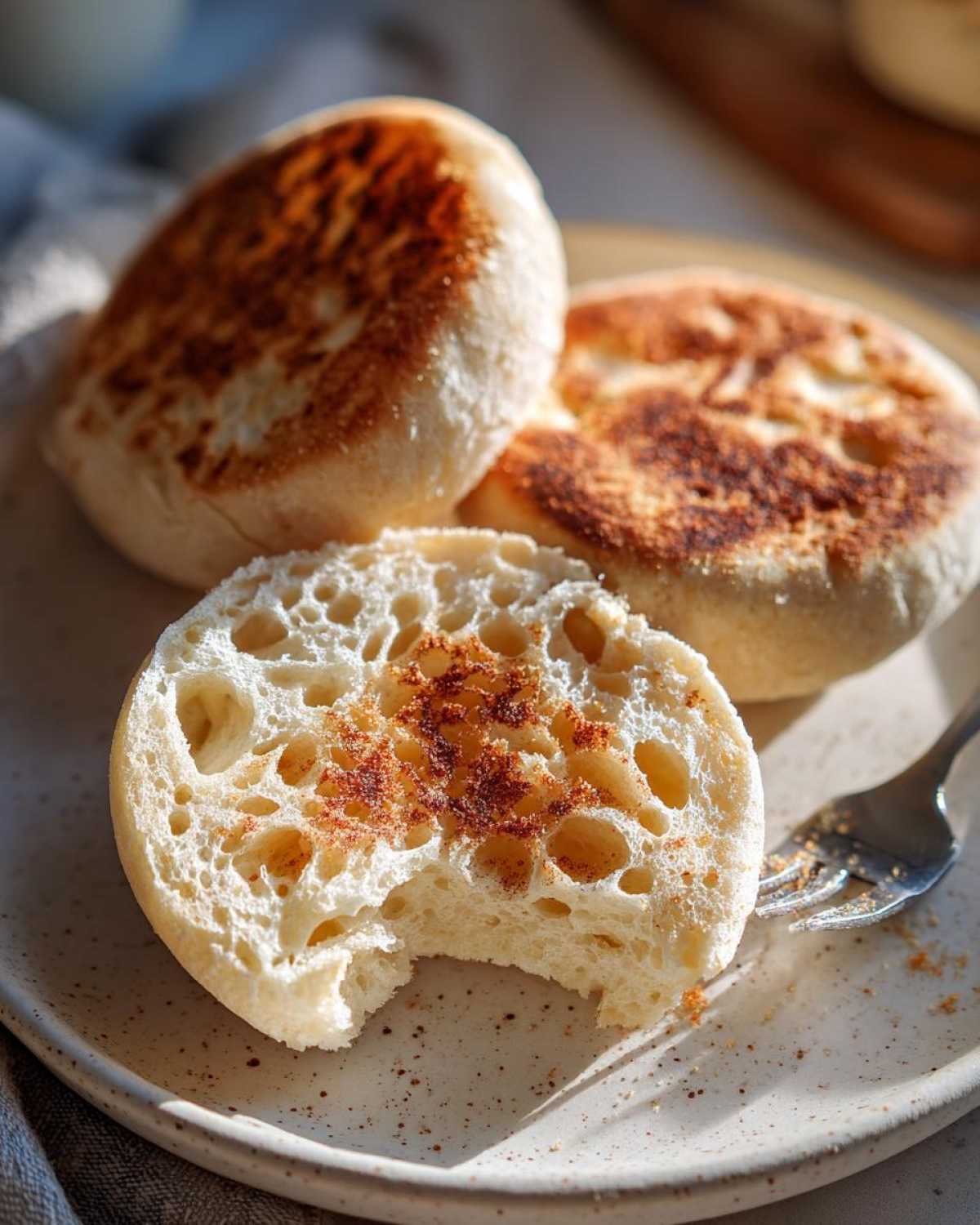 Close-up of a split homemade English muffin showing its signature open texture, lightly dusted with cinnamon, next to two whole muffins.