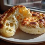 Two golden-brown homemade English muffins on a plate, one split open revealing an airy, hole-filled interior.