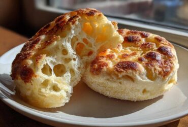 Two golden-brown homemade English muffins on a plate, one split open revealing an airy, hole-filled interior.