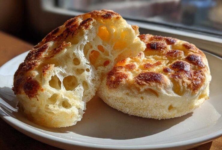 Two golden-brown homemade English muffins on a plate, one split open revealing an airy, hole-filled interior.