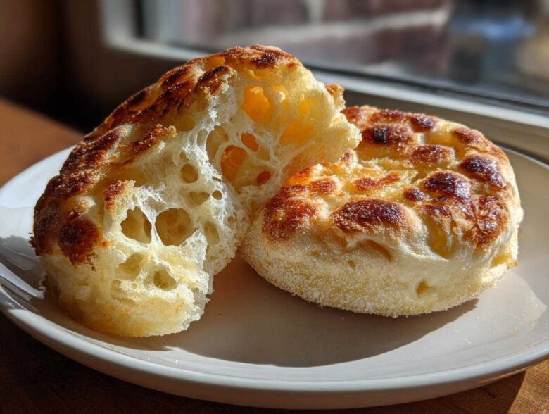 Two golden-brown homemade English muffins on a plate, one split open revealing an airy, hole-filled interior.
