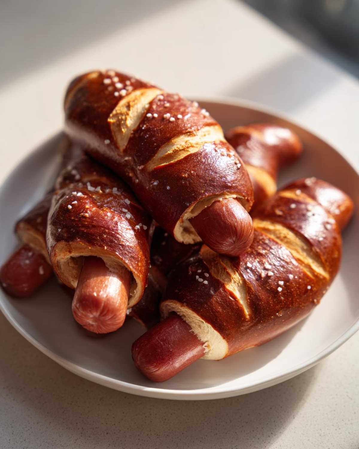 A pile of freshly baked pretzel dogs with visible coarse salt on a light plate, showing the browned pretzel dough wrapped around sausages.