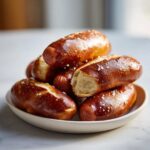 A close-up of several shiny, dark brown pretzel dogs stacked on a small white plate, sprinkled with coarse salt.