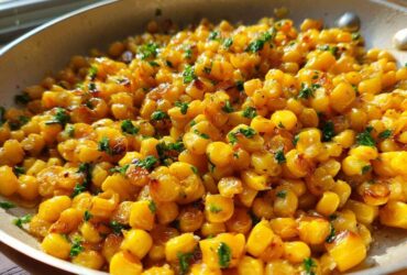 Close-up of golden, caramelized corn kernels tossed with honey butter and fresh parsley in a skillet.