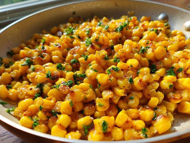 Close-up of golden, caramelized corn kernels tossed with honey butter and fresh parsley in a skillet.