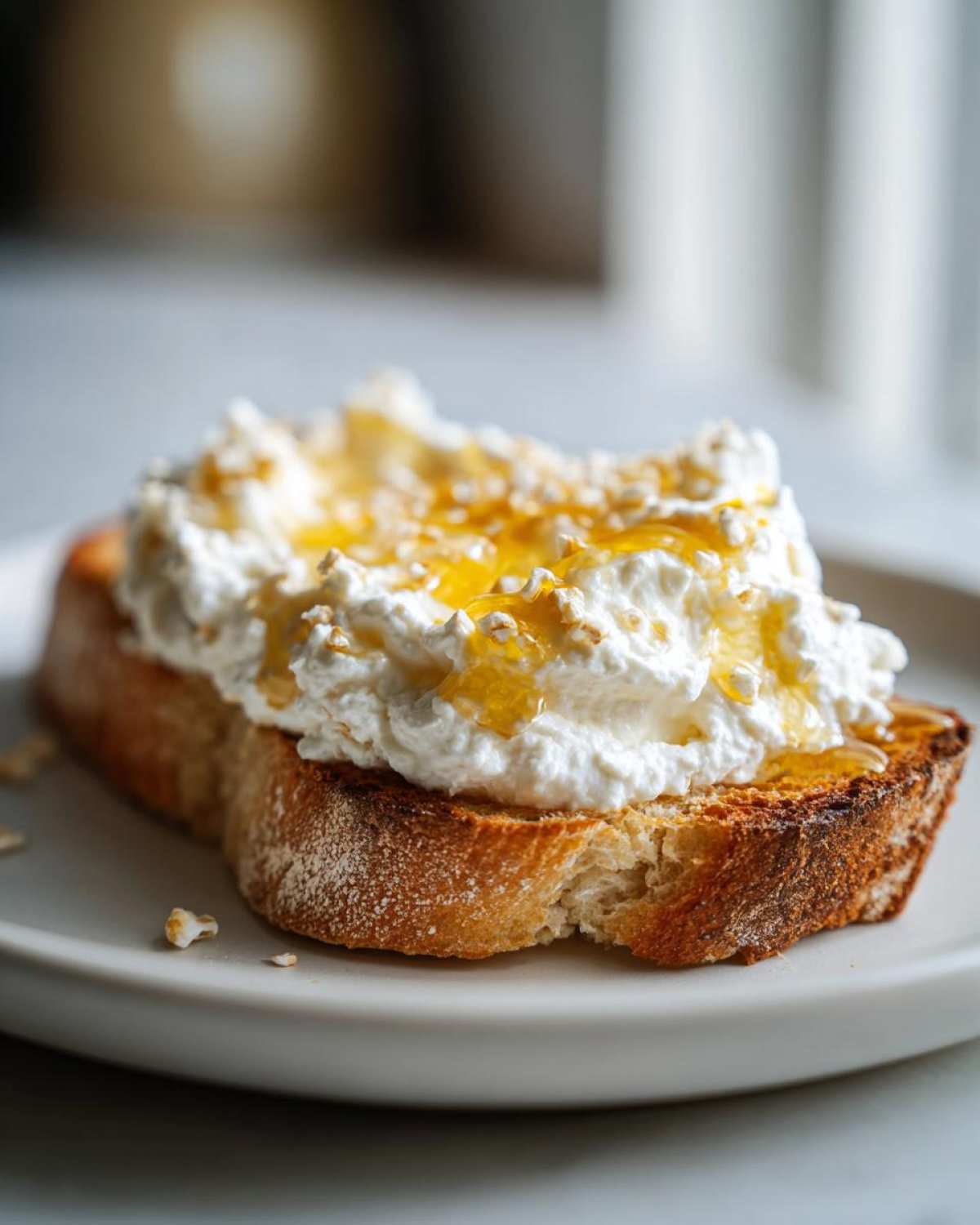 Close-up of a thick slice of toasted bread topped with fluffy ricotta cheese and drizzled with golden honey for delicious ricotta toast.